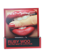MAC Little Lipstick Ruby Woo application shot demonstrates precise color with matte or satin finish.