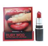 MAC Little Lipstick Ruby Woo mini packaging for on-the-go red color touch-ups.