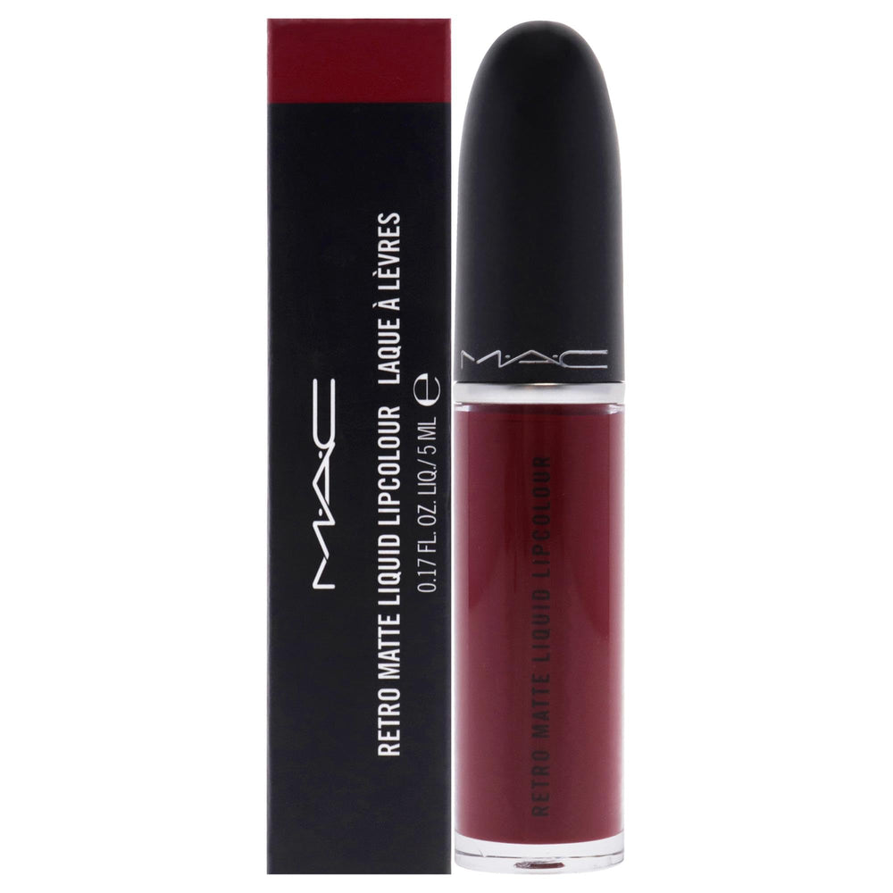 MAC Retro Matte Lip Colour Dance With Me bottle shows rich deep cranberry shade for all-day color.