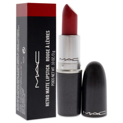 MAC Ruby Woo application swipe demonstrates precise, classic red lip for timeless glamour.