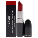 MAC Ruby Woo bullet closeup shows pigment-rich blue-red matte finish for bold lips.
