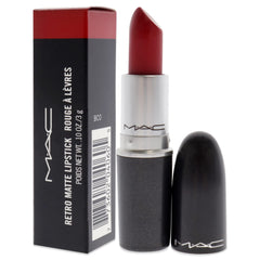 MAC Ruby Woo matte-finish swatch emphasizes pigment-rich color with all-matte look.