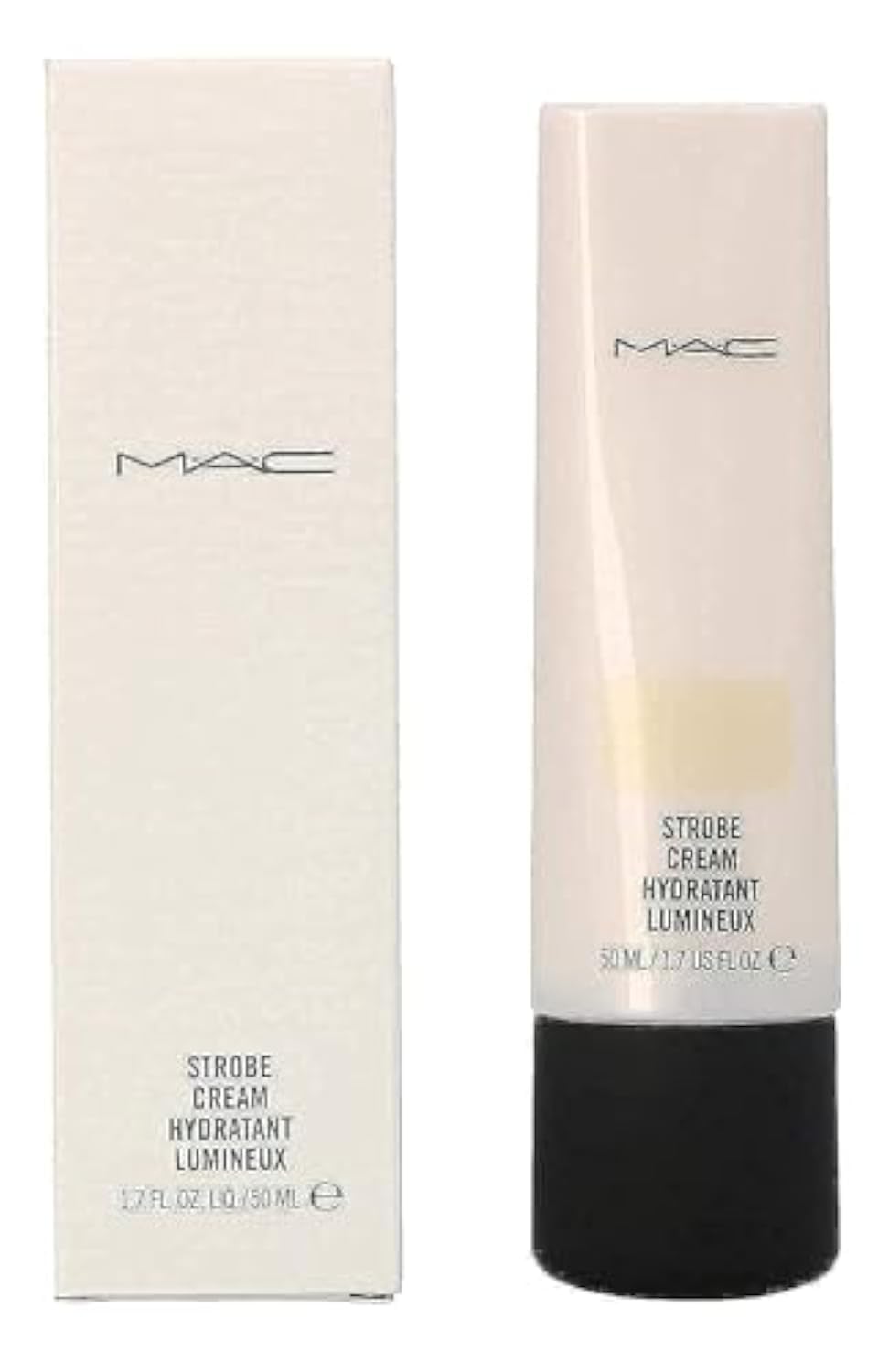 MAC Strobe Cream Goldlite bottle under soft lighting delivers a dewy, radiant base.