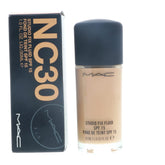 MAC Studio Fix Fluid Foundation NC30 bottle close-up—natural matte finish for oil control.