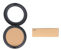 MAC Studio Fix Powder Plus Foundation NC43 application brush shot demonstrates smooth, blended results.