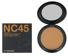 MAC Studio Fix Powder Plus Foundation NC45 compact showing full-coverage matte finish for smooth skin.
