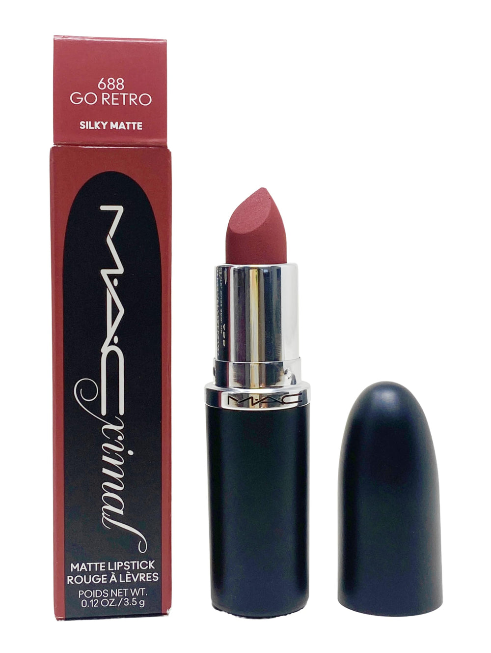 MAC Ximal Silky Matte Lipstick Go Retro packaging shows long-lasting color.