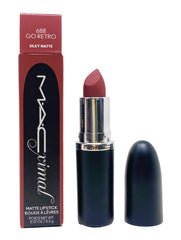 MAC Ximal Silky Matte Lipstick Go Retro packaging shows long-lasting color.