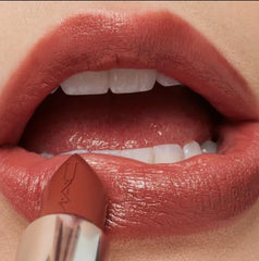 MAC Ximal Sleek Satin Lipstick Creme In Your Coffee model wear reveals versatile midtone pink-brown shade.