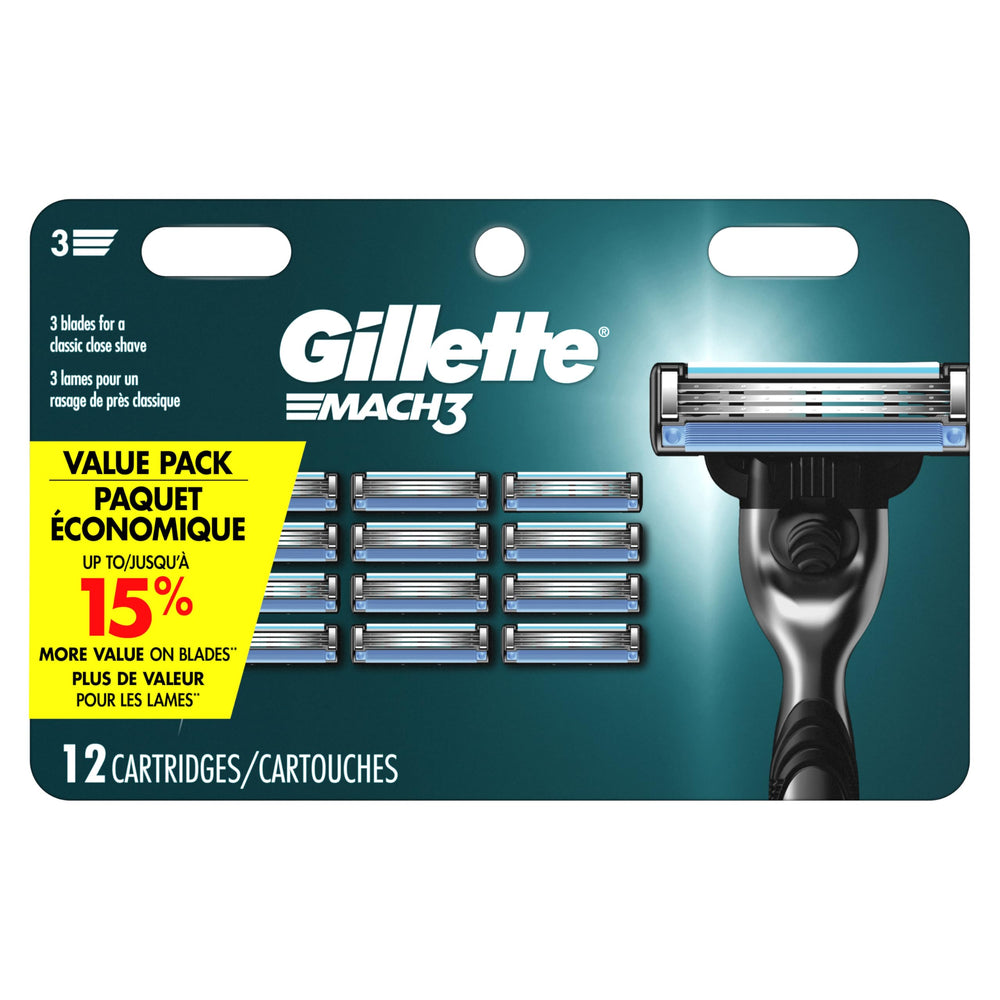 Mach3 razor refils pack closeup shows durable blades for a smooth shave.