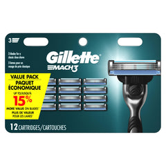 Mach3 razor refils pack closeup shows durable blades for a smooth shave.