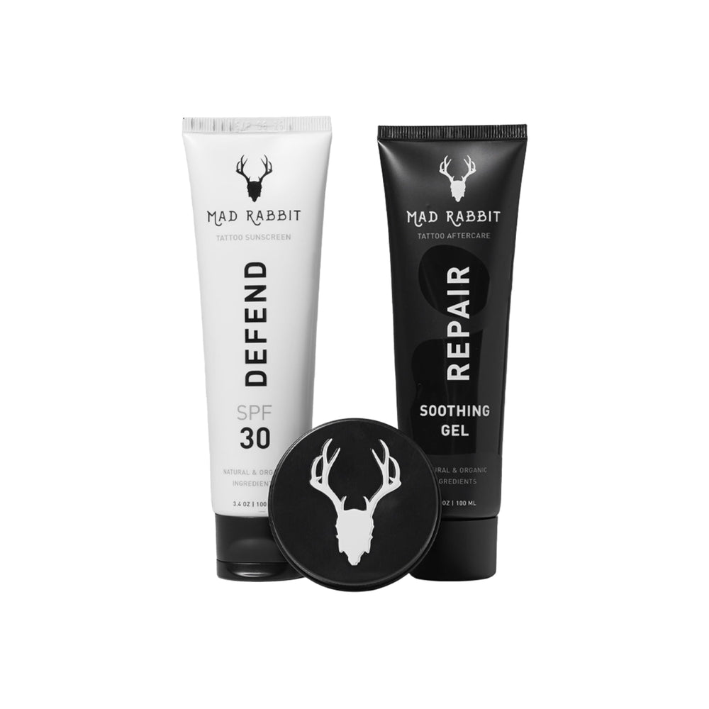 Mad Rabbit Tattoo Care Bundle 3-Piece provides on-the-go tattoo maintenance for fresh and old ink.
