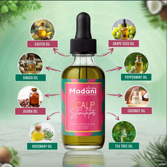 Hands applying scalp massage with Madani Naturals oil for nourishing routine.