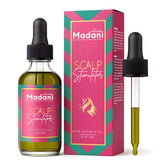 Madani Naturals Scalp Stimulator oil bottle ready for scalp application for renewed hair vitality.