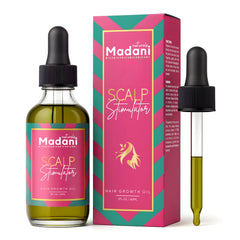 Madani Naturals Scalp Stimulator oil bottle ready for scalp application for renewed hair vitality.
