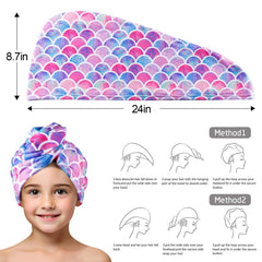 MADHOLLY hair towel with button secures turban-style wrap for hands-free use.