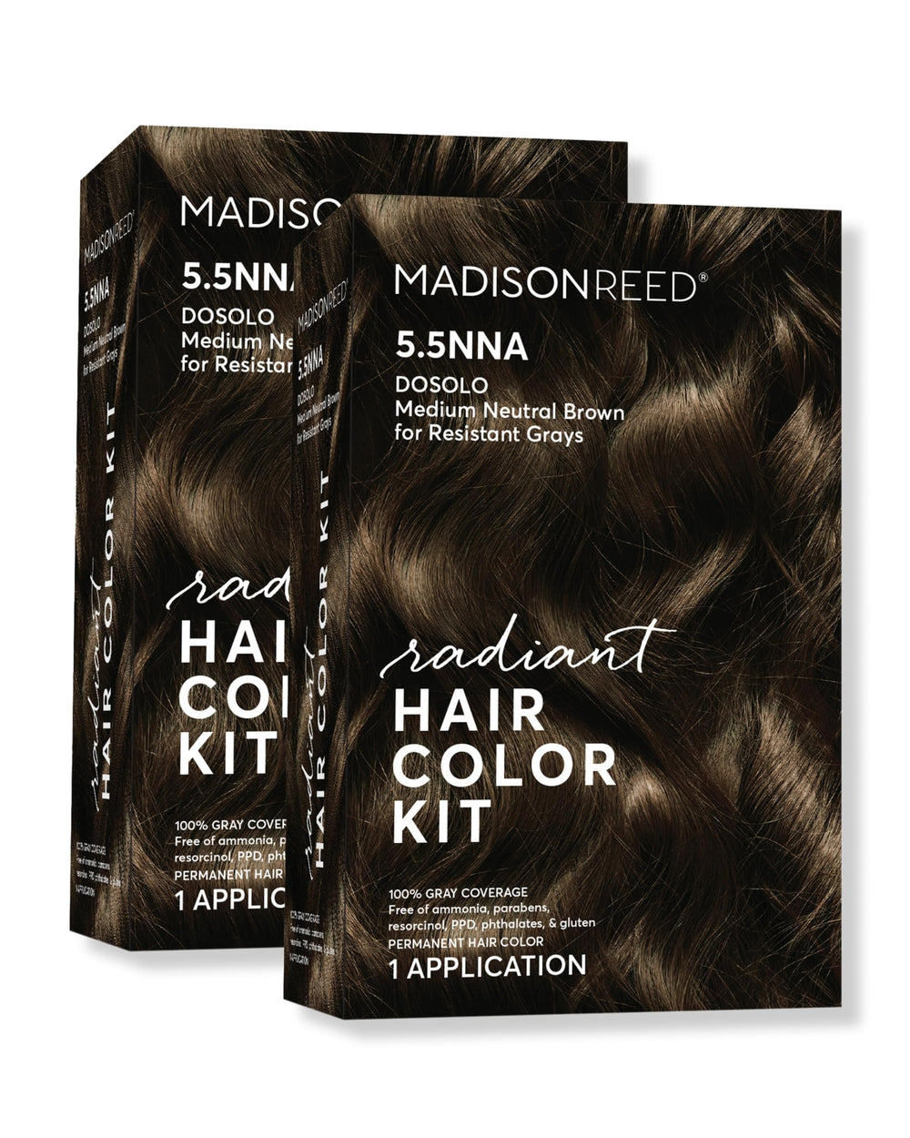 Madison Reed Radiant Color kit dosolo box shows color essentials for natural, long-lasting gray coverage.