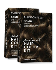 Madison Reed Radiant Color kit dosolo box shows color essentials for natural, long-lasting gray coverage.