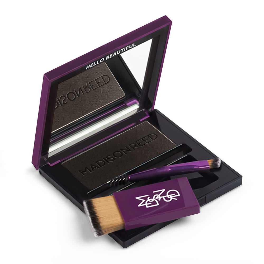 Madison Reed Root Touch Up + Brow Filler Legno Black compact open shows dual brushes for precise coverage.