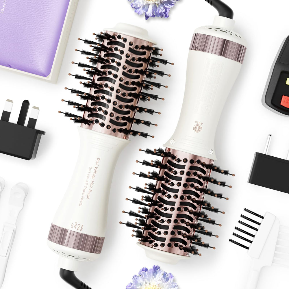 Madremía travel dual-voltage hair-dryer brush compact for worldwide styling on the go.