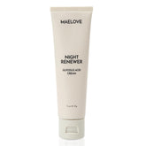 MAELOVE Night Renewer bottle closeup shows unscented, high-potency exfoliation for sensitive skin.