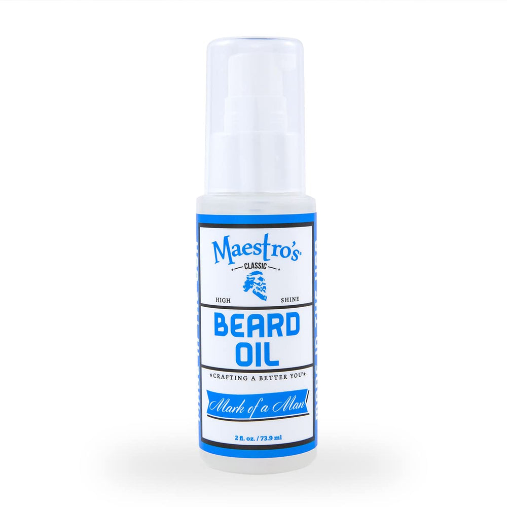 Maestro's Classic Beard Oil bottle closeup delivering shine and softness for all beard types.