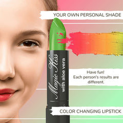 Magic Kiss lipstick swatches on lips show pink-to-red adaptation for expressive makeup looks.