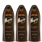 Magno shower gel 3-pack bottles showing mineral-rich formulation and brand heritage
