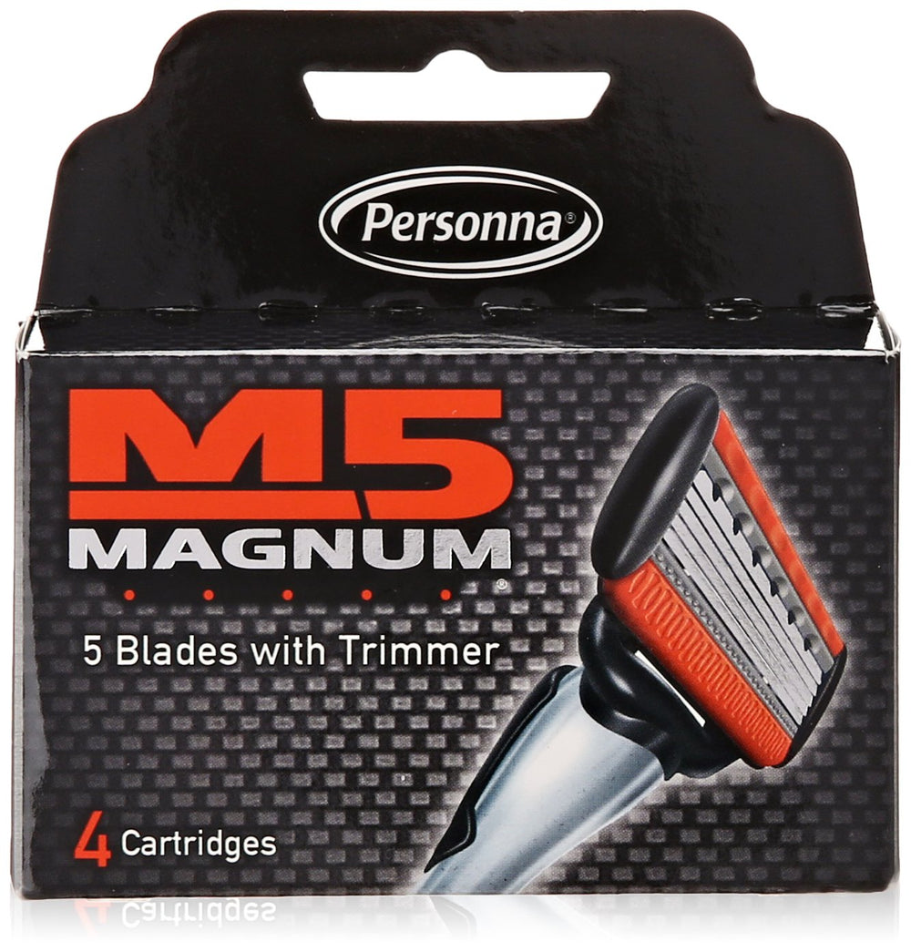 Magnum M5 razor cartridge pack featuring four blades for smooth, comfortable shaving.