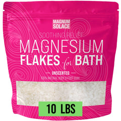Magnum Solace magnesium flakes bath closeup promotes a soothing soak.
