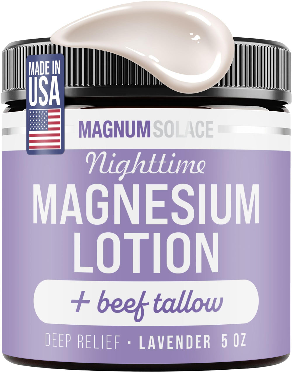 Magnum Solace Nighttime Magnesium Lotion bottle shows a rich formula for soothing leg and foot care.