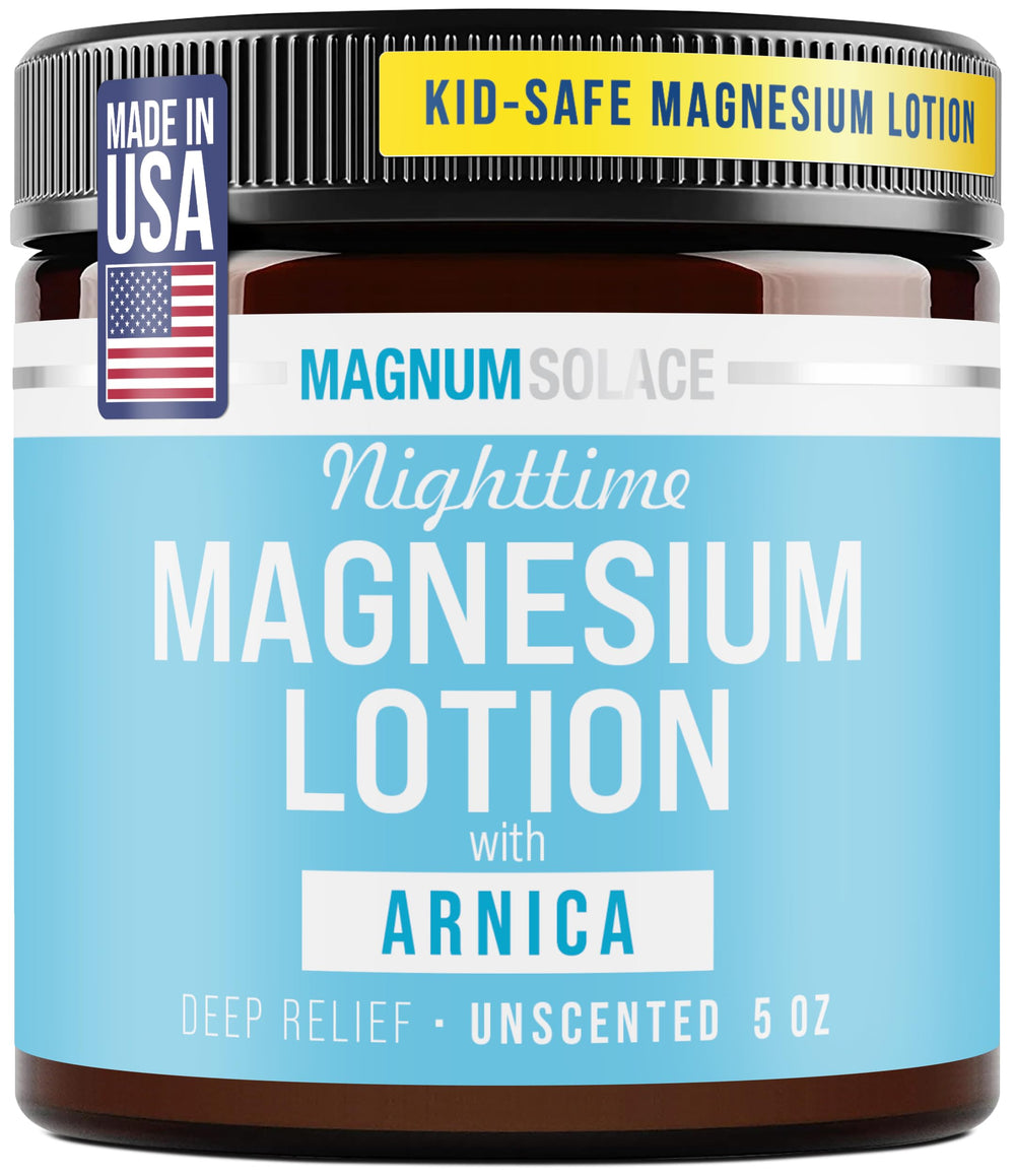 Magnum Solace nighttime magnesium lotion bottle for kids, calming bedtime routine.