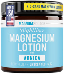 Magnum Solace nighttime magnesium lotion bottle for kids, calming bedtime routine.