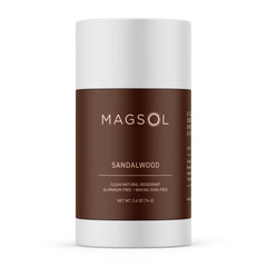 MagSol Magnesium Deodorant Sandalwood packaging highlights aluminum-free protection