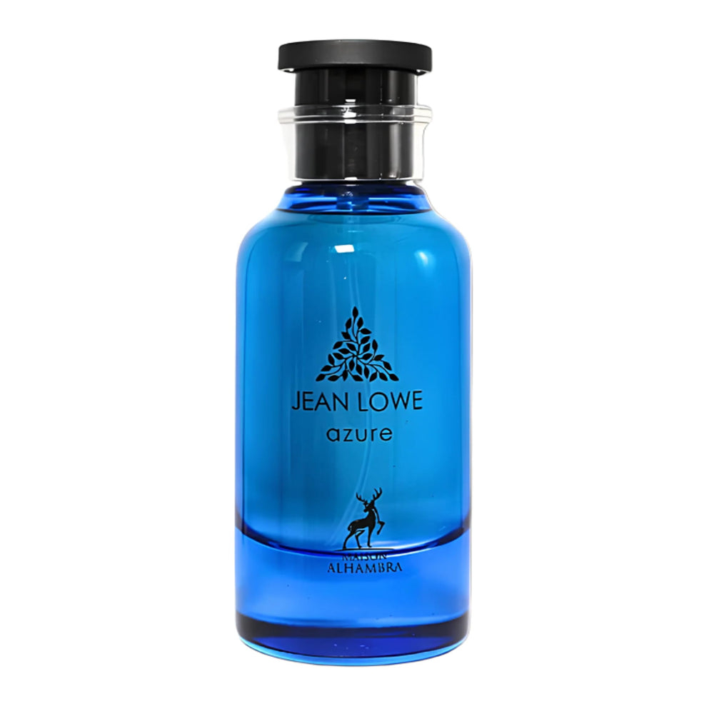 Maison Alhambra Jean Lowe Azure bottle closeup shows fresh unisex fragrance for daily wear.