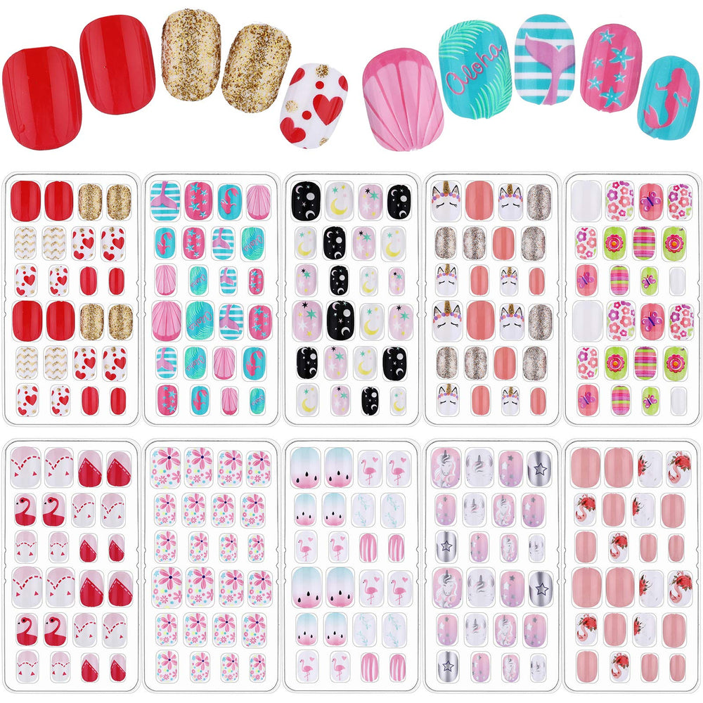 Maitys 240 Pcs children nails display shows ten boxes with pink flower designs for kids.