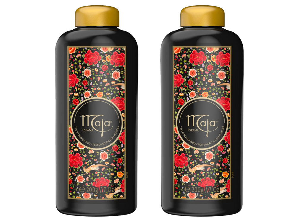 Maja perfumed talcum powder 2-pack packaging on display