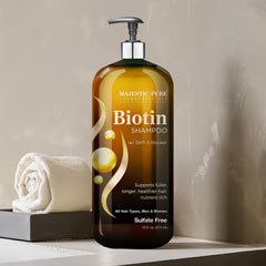 Majestic Pure Biotin Shampoo dht-blocker graphic shows DHT-3 blocker in the formula.