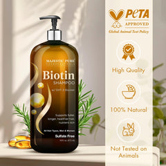 Majestic Pure Biotin Shampoo rosemary-oil-drop suggests fortified care from rosemary oil.