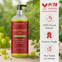 Majestic Pure grapeseed oil ingredients label closeup for pure, hexane-free carrier oil.