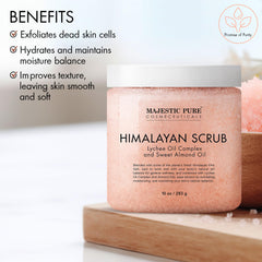 Majestic Pure Himalayan Salt Body Scrub with Lychee Oil droplets on skin suggest hydration