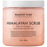 Majestic Pure Himalayan Salt Scrub bottle close-up for everyday skin care.