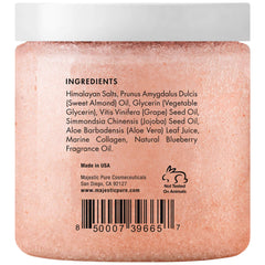 Majestic Pure Himalayan Salt Scrub ingredients collage featuring collagen and sweet almond oil.