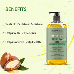 Majestic Pure Jojoba Oil label organic emphasizes purity and hexane-free formulation for body care.