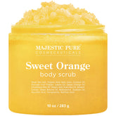 Majestic Pure Sweet Orange Body Scrub jar front with bright label for refreshing exfoliation