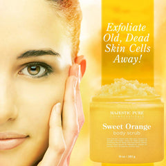 Majestic Pure Sweet Orange Body Scrub label close-up highlighting natural ingredients and vegan formula