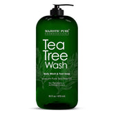 Majestic Pure Tea Tree Body Wash bottle offering a refreshing cleanse and skin-softening feel.