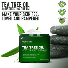 Majestic Pure Tea Tree Oil Cream label highlights ceramide and vegan collagen benefits.