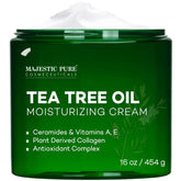 Majestic Pure Tea Tree Oil Moisturizing Cream bottle close-up for acne-prone skin.