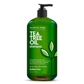 Majestic Pure Tea Tree Shampoo bottle front shows sulfate-free formula for daily use.
